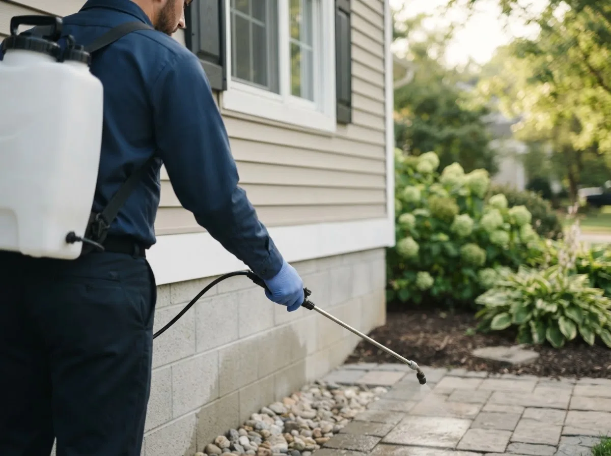 Pest control technician inspecting a home in Redfield, NY